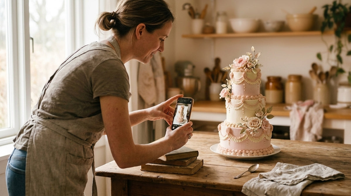 Cake designer photographiant au téléphone un gâteau vintage à trois étages près d'une fenêtre, avec une cuillère ancienne posée à côté pour donner l'échelle Image