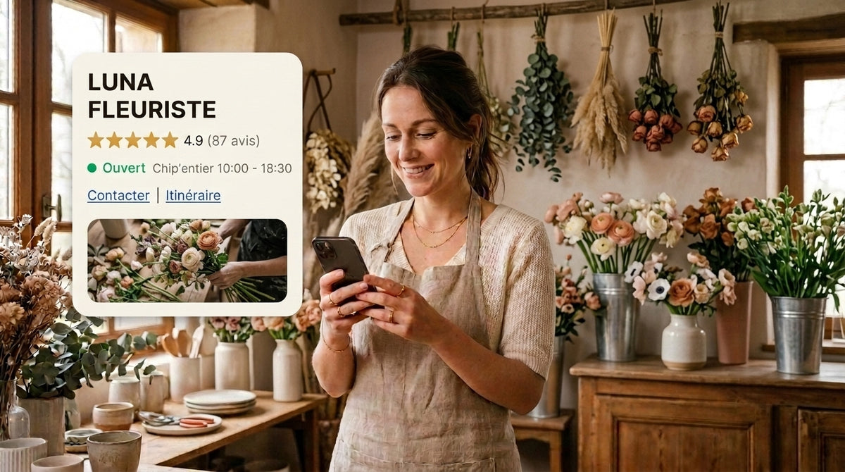 Fleuriste souriante consultant sa fiche Google Business Profile sur son téléphone, entourée de bouquets frais et de fleurs séchées dans son atelier Image