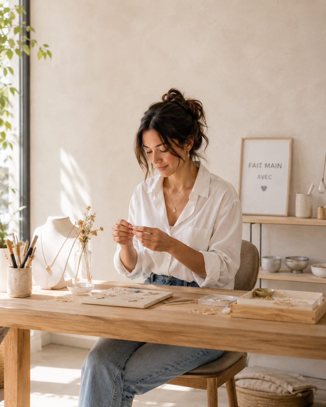 Bijoutière créatrice au travail dans son atelier — équipe d'agents MILLR Mind