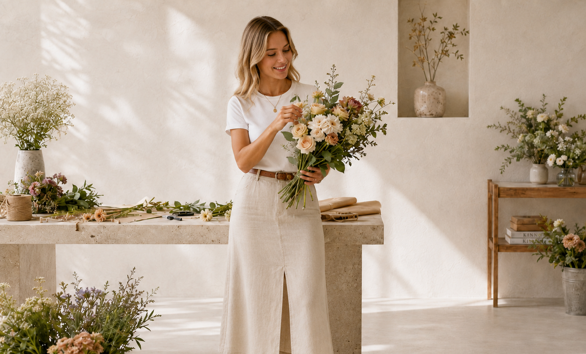 Fleuriste composant un bouquet dans sa boutique — équipe d'agents MILLR Mind