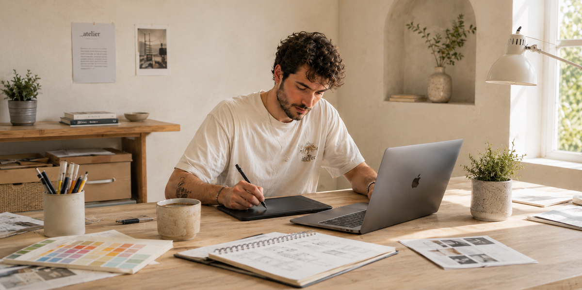 Graphiste freelance et community manager au travail — équipe d'agents MILLR Mind