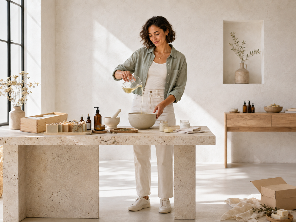 Créatrice de savons et cosmétiques artisanaux à son atelier — équipe d'agents MILLR Mind